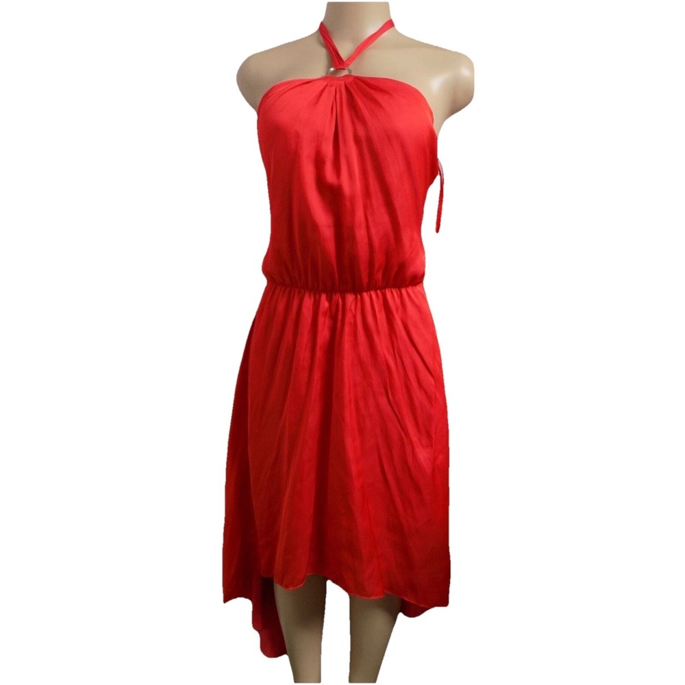 WHITE HOUSE BLACK MARKET PARADISE RED HI-LOW BLOUSON HALTER DRESS SZ: 0